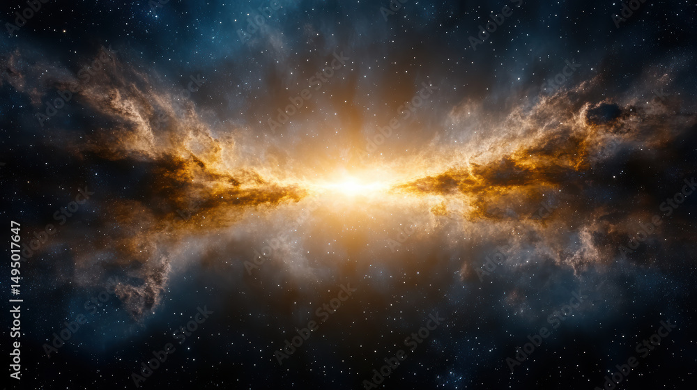 Fototapeta premium Bright cosmic explosion with intense light rays streaming from galactic nucleus