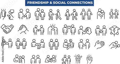 Friendship and Social Interaction Icon Set – Editable stroke icons for relationships, team collaboration, networking, friend connections, communication, and community support.