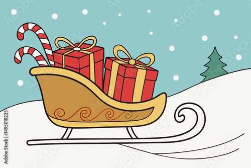 sleigh filled with gifts and candy canes vector illustration
