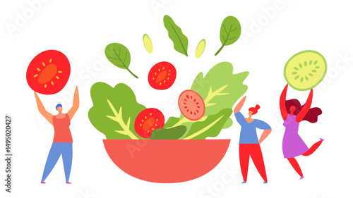 People making a salad with tomatoes, lettuce, and kiwi, promoting healthy eating and lifestyle choices