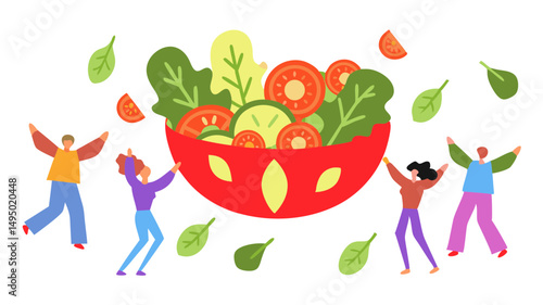 People celebrating around a large bowl of salad with tomatoes cucumbers and lettuce and spinach leaves around it