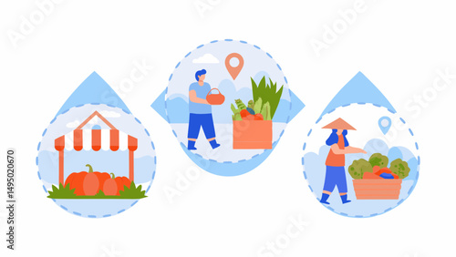 Illustration showing three different scenes of farmers and their produce in a stylized market setting