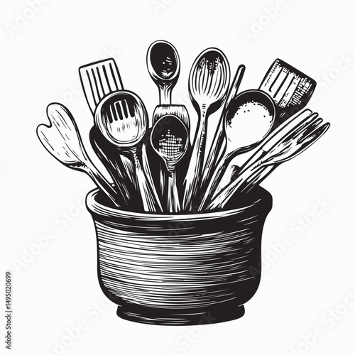 Utensil Holder Images vector. Wooden kitchen utensil holder with spatula and spoon vector.