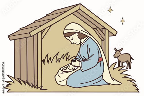 mary and baby jesus in humble stable vector illustration