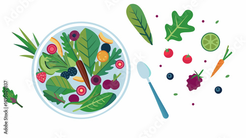 A colorful salad bowl filled with fresh fruits and vegetables with a spoon on a white background scene