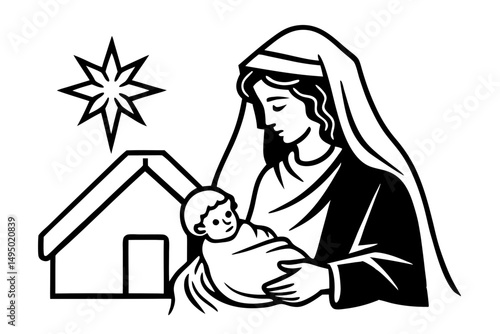 mary and baby jesus in humble stable vector illustration