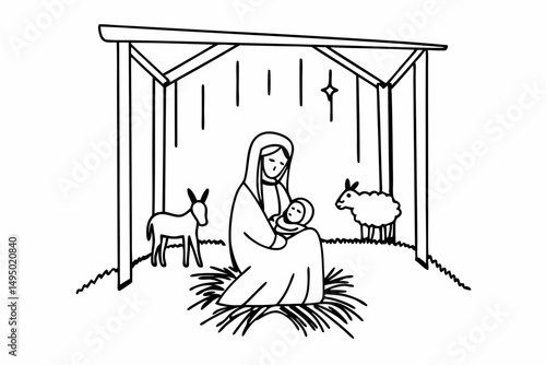 mary and baby jesus in humble stable vector illustration