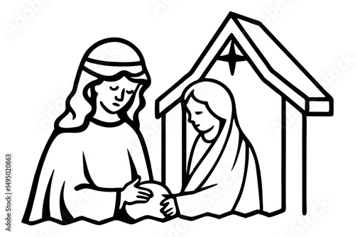 mary and baby jesus in humble stable vector illustration