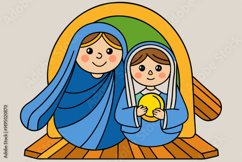 mary and baby jesus in humble stable vector illustration