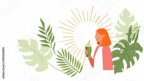 Woman with orange hair drinking green smoothie surrounded by tropical leaves and a sunburst design