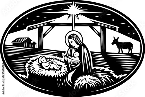 mary and baby jesus in humble stable vector illustration