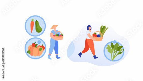 Two farmers carrying baskets filled with harvested crops and vegetable icons in the background