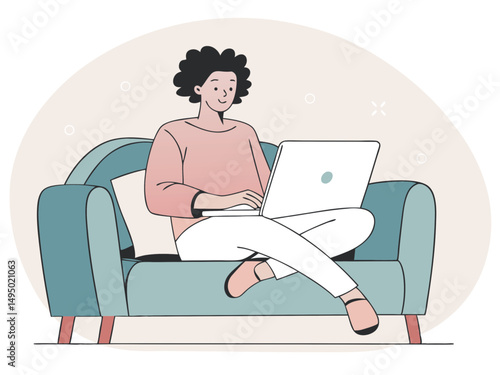 Young woman sitting on a couch, casually working on her laptop with a smile