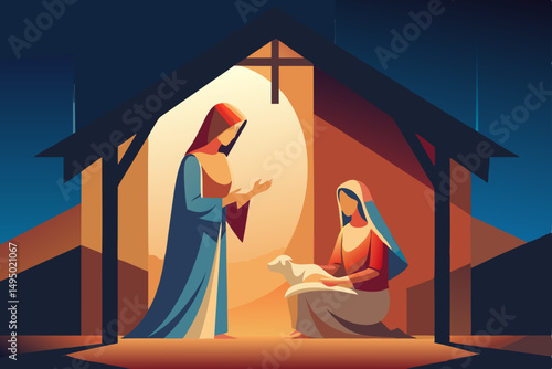 mary and baby jesus in humble stable vector illustration
