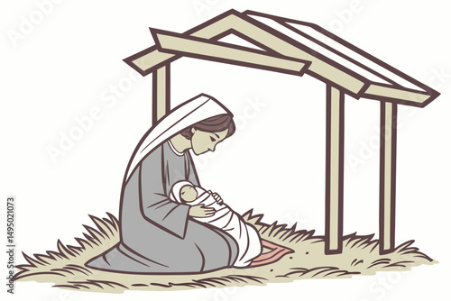 mary and baby jesus in humble stable vector illustration
