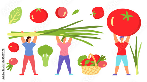 Illustration of people holding various vegetables including tomatoes, scallions, broccoli, and radishes