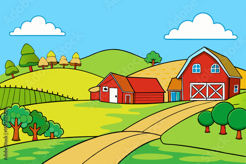 Peaceful countryside with rolling hills and river vector illustration