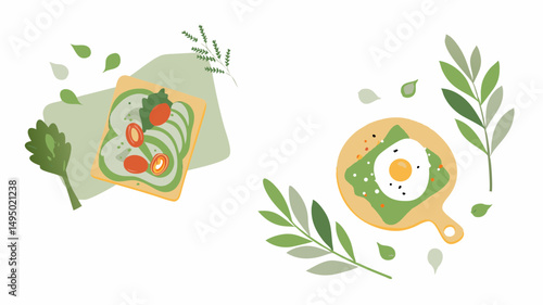 Illustration of two toasts with avocado and toppings surrounded by green leaves and herbs decoratively
