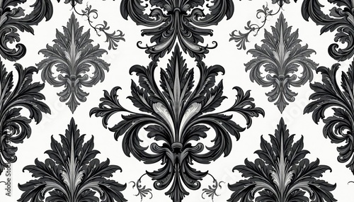 Large scale damask pattern with swirling acanthus leaves in grayscale , black, white
