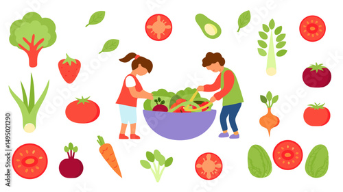 Children preparing a salad with fresh vegetables including tomatoes carrots and leafy greens in a bowl
