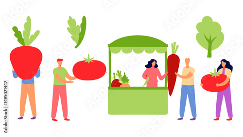 Illustration showing people at a farmers market with various fruits and vegetables being sold and held