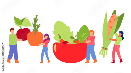 People carrying large vegetables including carrots and a red bowl filled with assorted produce items