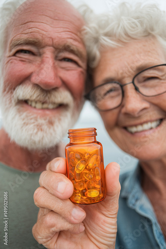 Close up of over-the-counter supplement bottle filled with gel capsules. Blurred background of a smiling elderly couple.