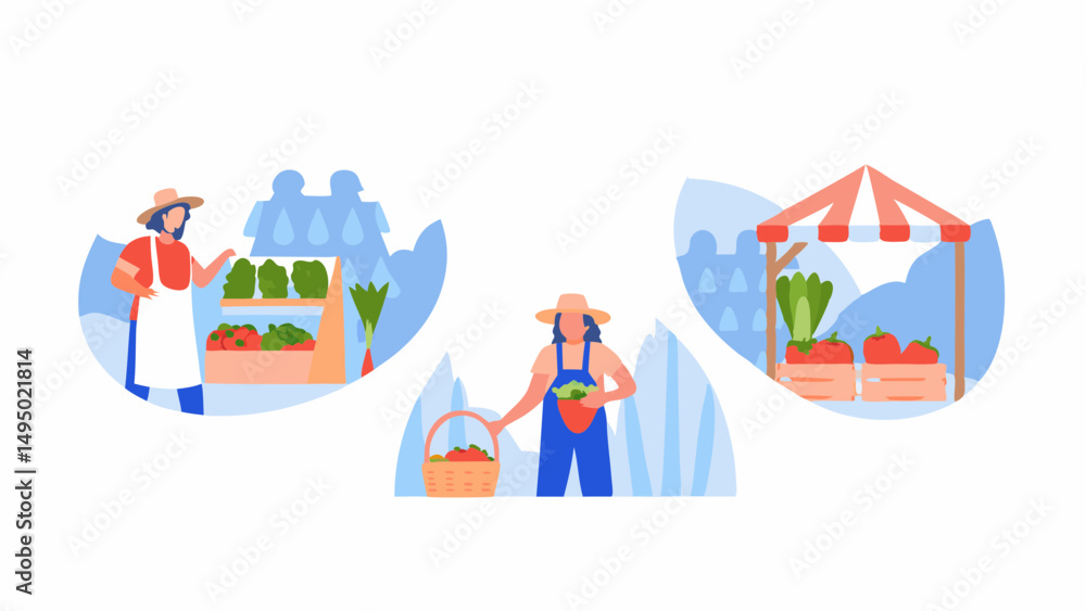 Illustration of farmers selling fresh produce at market stalls with vegetables and fruits displayed nicely Illustration of farmers selling fresh produce at market stalls with vegetables and fruits displayed nicely