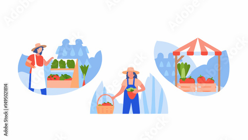 Illustration of farmers selling fresh produce at market stalls with vegetables and fruits displayed nicely