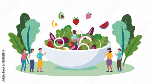 Illustration of people surrounding a large salad bowl with flying ingredients and leafy green plants around it