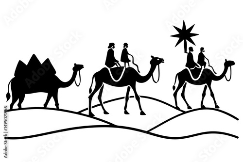 three wise men with camels desert silhouette vector illustration