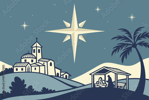 holy night with glowing bethlehem star vector illustration