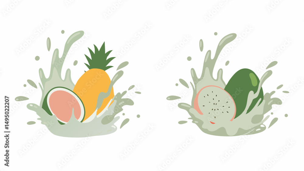 Illustration showing pineapple and watermelon with splash next to dragon fruit and avocado with splash Illustration showing pineapple and watermelon with splash next to dragon fruit and avocado with splash