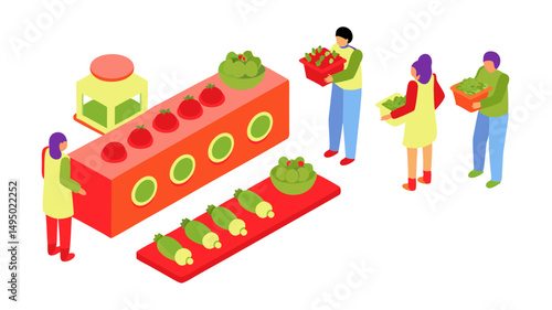 Isometric view of workers processing vegetables on a conveyor belt in a food production facility
