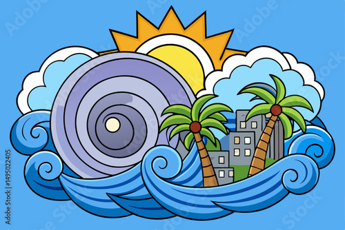 Hurricane Over Coastal City with Waves Crashing Vector Illustration