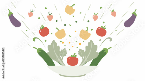 Assorted vegetables falling into a white bowl creating a vibrant and healthy food illustration scene