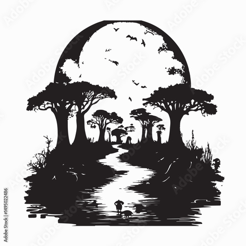 Panorama View At Sunset Above Baobab Avenue Silhouette vector.