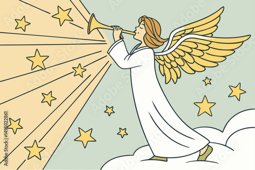 angel blowing trumpet among stars vector illustration