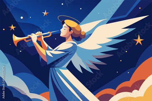 angel blowing trumpet among stars vector illustration