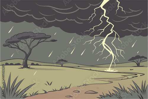 Violent thunderstorm sweeping across an open plain vector illustration