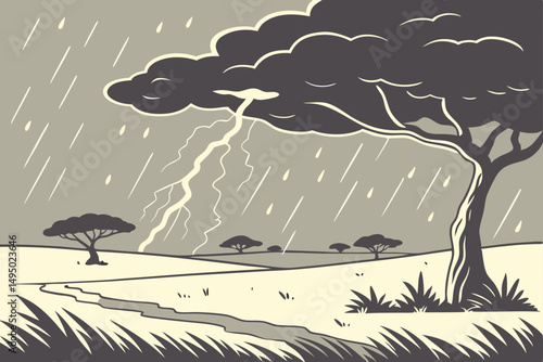 violent thunderstorm rolling over open plain vector illustration