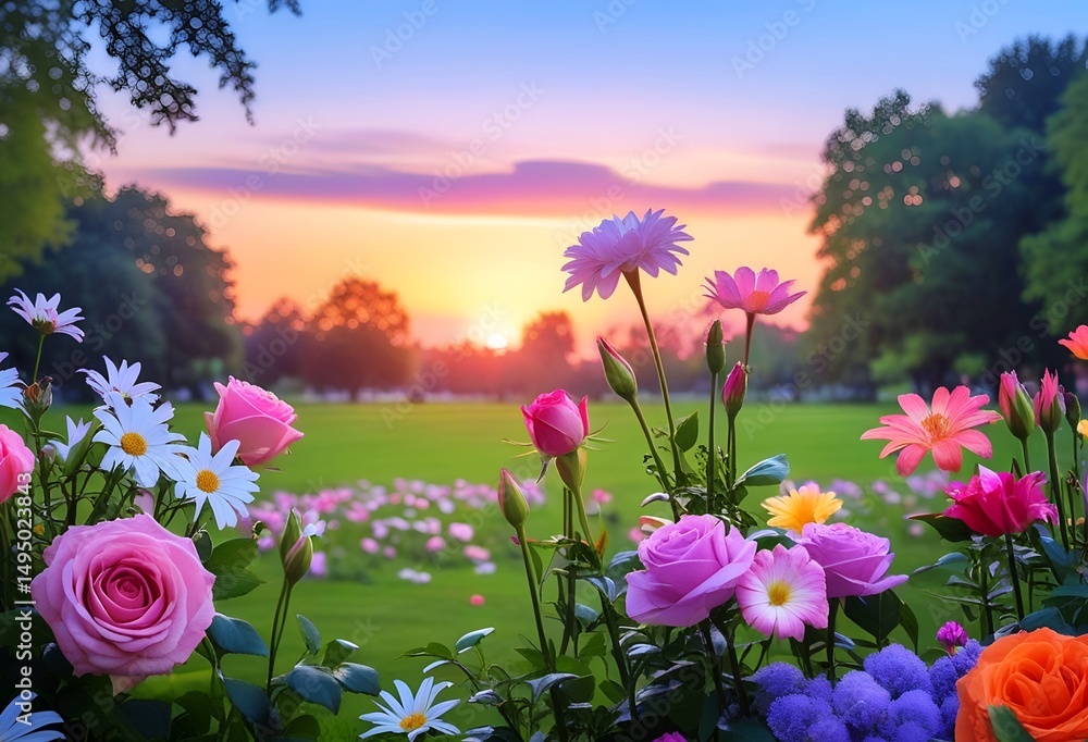 Obraz premium An Abundance of Nature's Hues: Stunning Roses and a Myriad of Bright Flowers Flourishing in a Picturesque Garden Landscape.