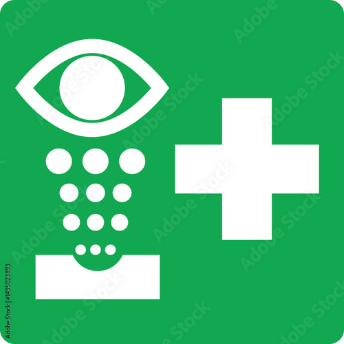 emergency eye wash and first aid cross sign on green background