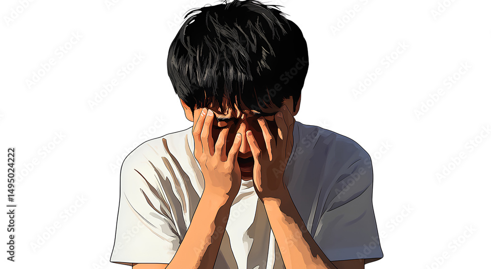 A man of Asian descent crying with his hands on his face, against a white background, in a sticker-like style, with a transparent PNG format A man of Asian descent crying with his hands on his face, against a white background, in a sticker-like style, with a transparent PNG format