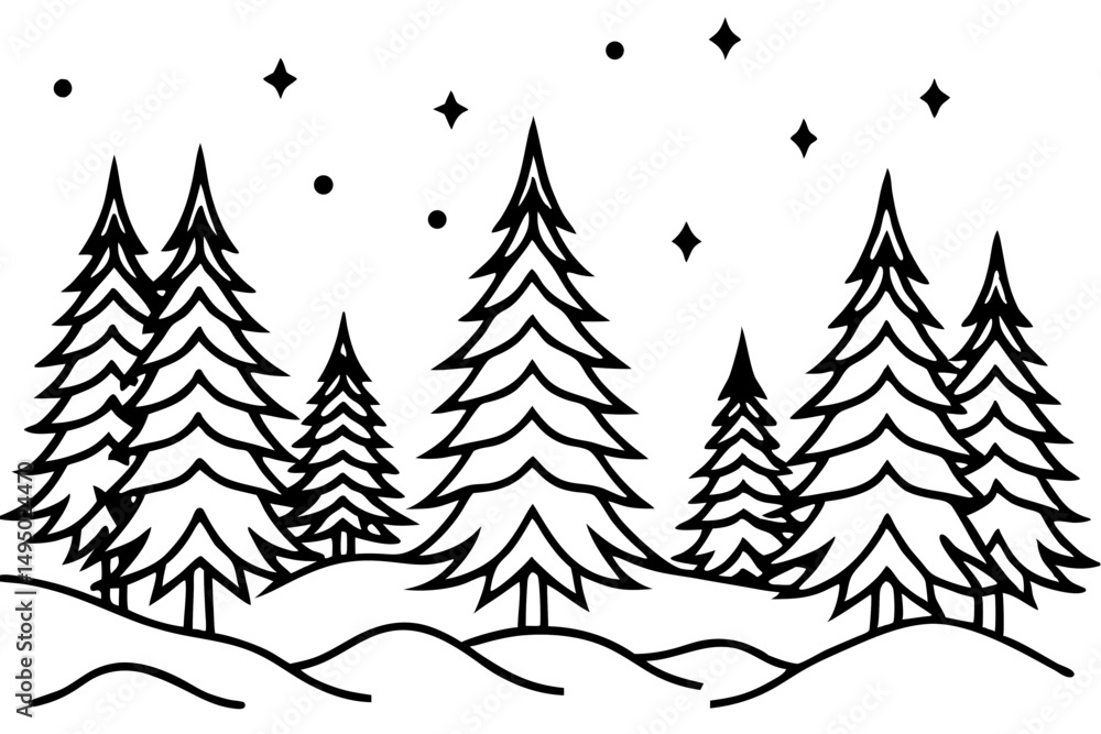 Obraz premium Monochrome snowy forest with fir trees vector illustration
