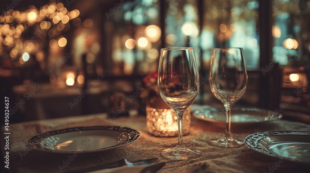 Obraz premium Romantic dinner for two with candlelit wine glasses, a moment of love and connection