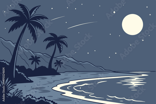 Peaceful beach under the milky way vector illustration