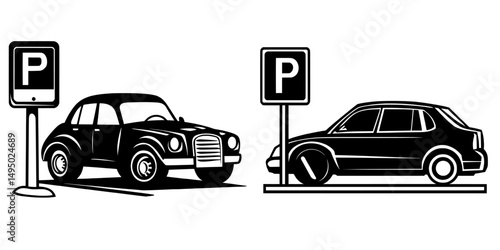 The image features a car parking icon, which includes a parking space, a parking lot, or car park, presented as a modern design isolated on white