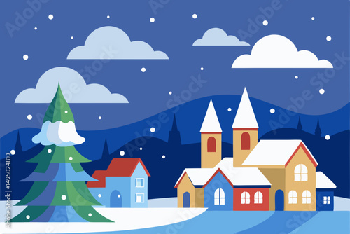 christmas town in vector snowstorm scene illustration