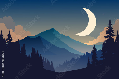 Crescent moon rising over a misty forest vector illustration